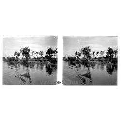 N'Djili - Kimpoko - Léopodville / Congo: View From River To Tribal Village / Dugout (Vintage Stereo Glass Plate 1934)