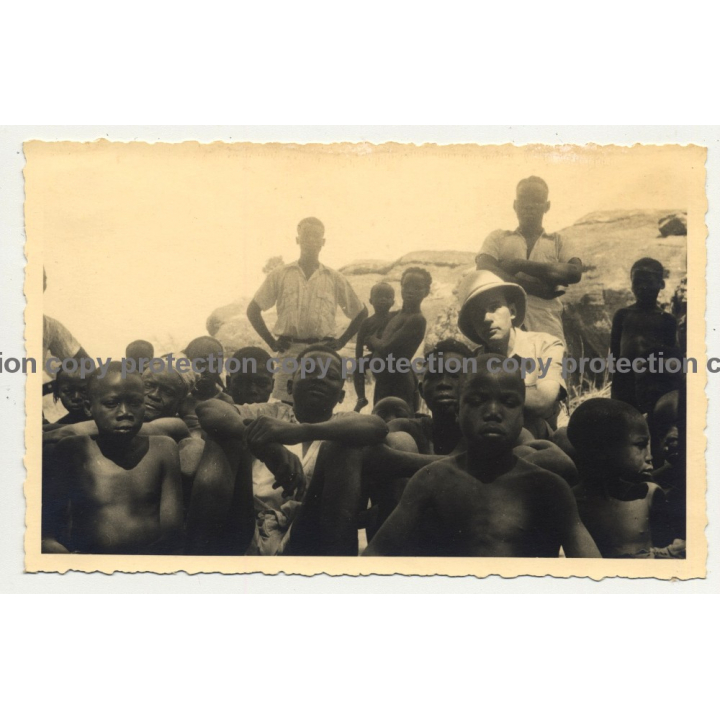 Kolonialherr Surrounded By Congolese Kids (Vintage RPPC B/W Gevaert ~1940s)