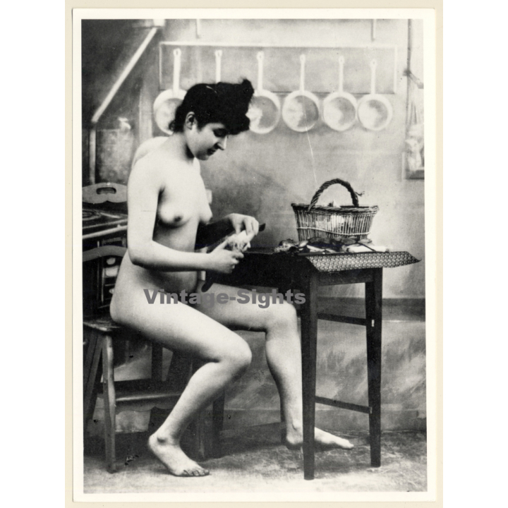 1920s Erotica: Nude Female Cutting Vegetables In Kitchen / Boudoir (Large Photo Reprint ~ 24x18 CM)