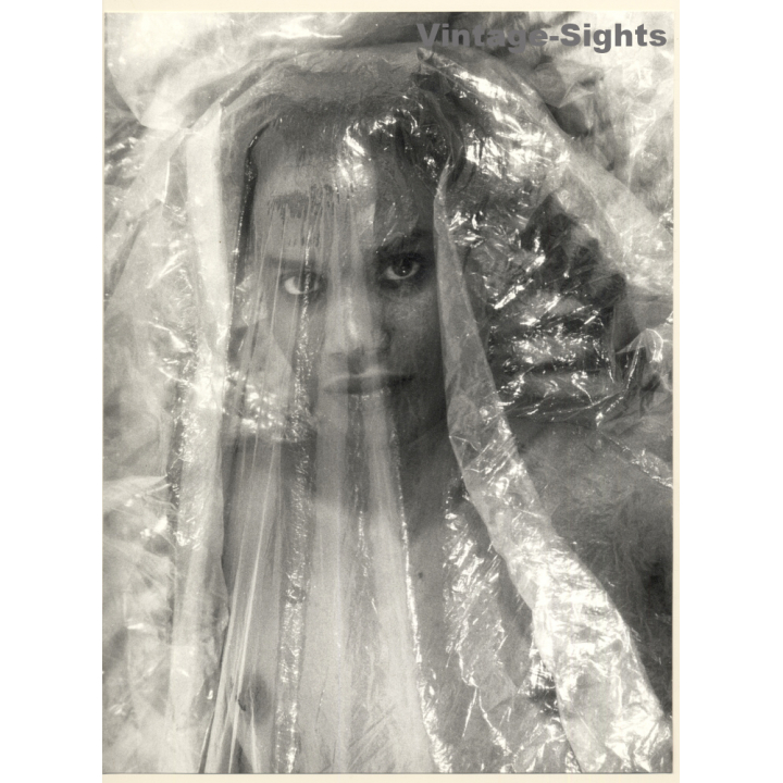 Erotic Study by Pjotr Van Moock: Dark-Skinned Beauty Behind Plastic Foil (Vintage XL Photo 39 x 29 CM 1980s)