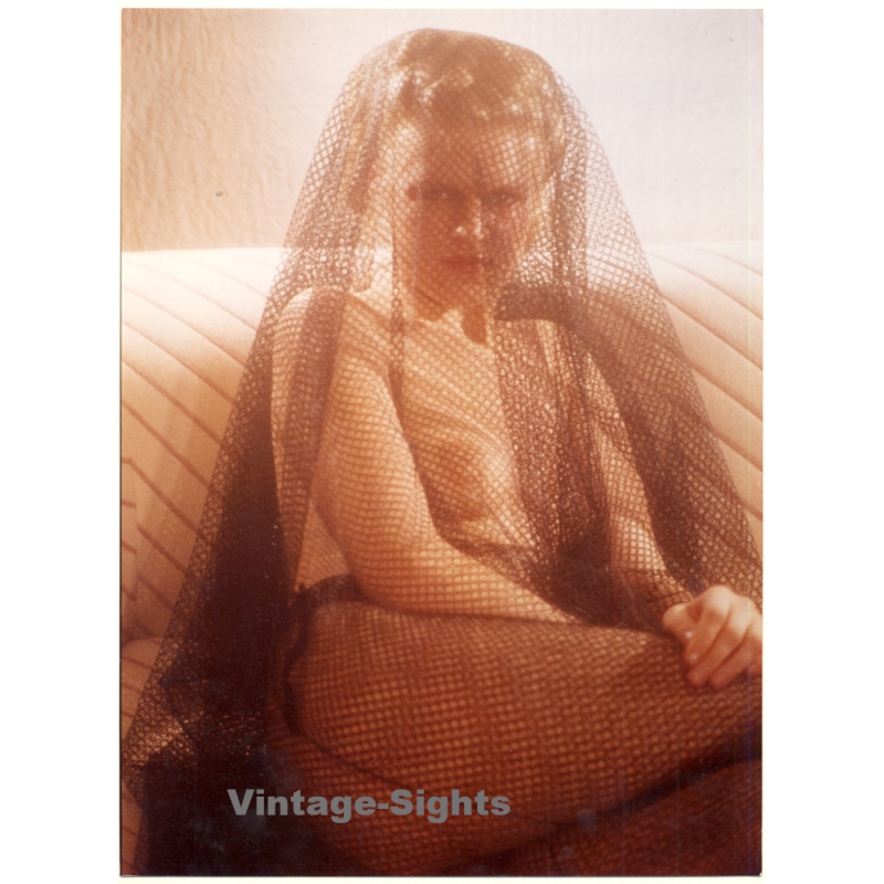 Erotic Study by Pjotr Van Moock: Topless Blonde Under Fishnet Veil (Vintage XL Photo 41 x 30 CM 1980s)