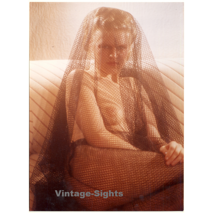 Erotic Study by Pjotr Van Moock: Topless Blonde Under Fishnet Veil (Vintage XL Photo 41 x 30 CM 1980s)