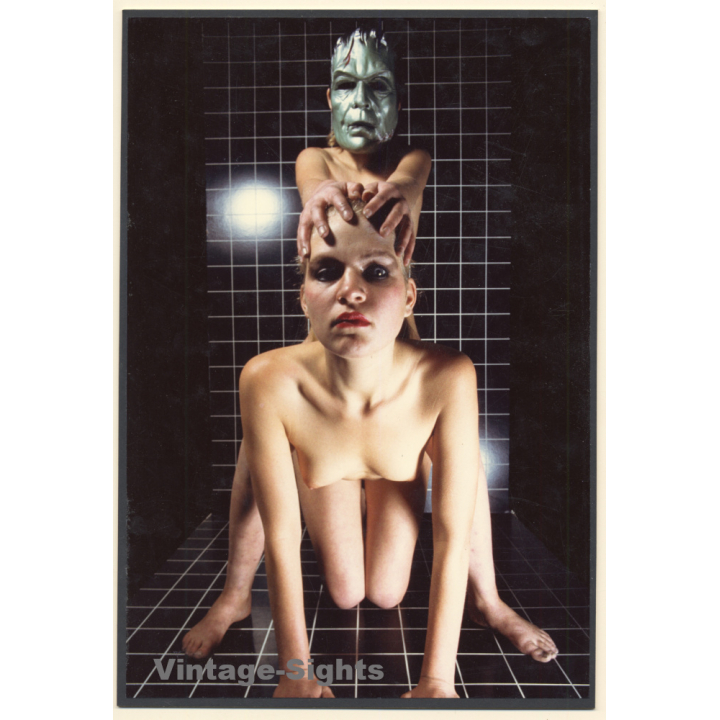 Erotic Study by Pjotr Van Moock: Blonde Nude & Green Mask Man*2 (Vintage XL Photo 31 x 21 CM 1980s)