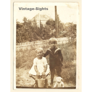 Little Boy & His Sister In Backyard / Teddy Bear (Vintage RPPC 1922)