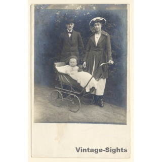 Elegant Parents With Baby In Pram / Teddy Bear (Vintage RPPC ~1910s/1920s)
