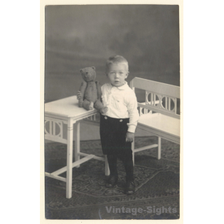 Sweet Little Blonde Boy Poses With His Teddy Bear (Vintage RPPC ~1910s/1920s)
