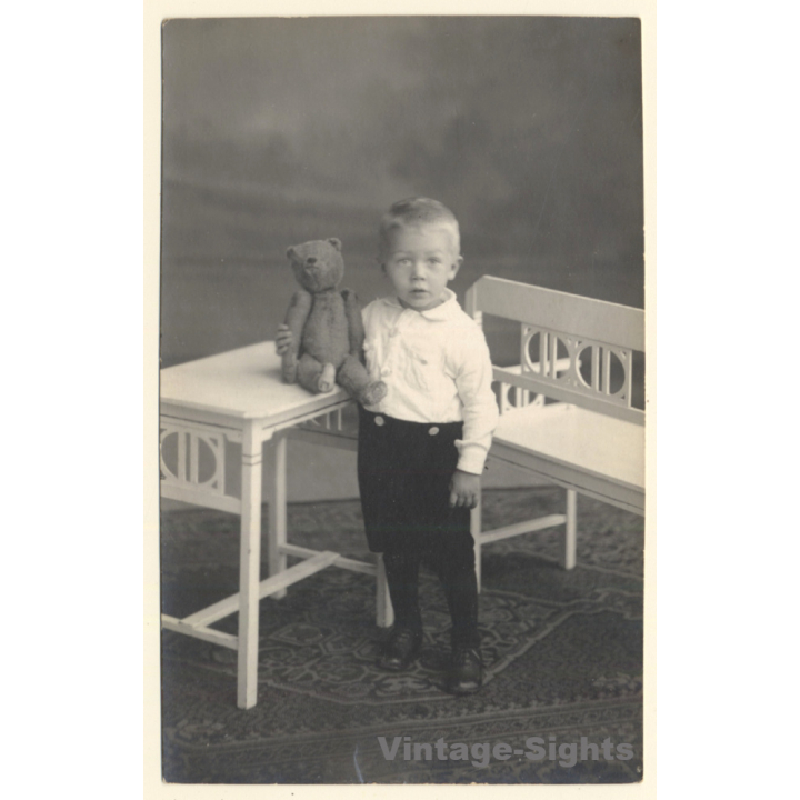Sweet Little Blonde Boy Poses With His Teddy Bear (Vintage RPPC ~1910s/1920s)