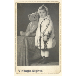 Little Girl In Fur Coat & Her Teddy Bear (Vintage RPPC ~1920s/1930s)