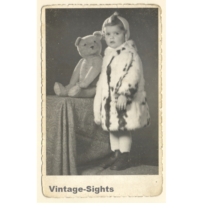 Little Girl In Fur Coat & Her Teddy Bear (Vintage RPPC ~1920s/1930s)