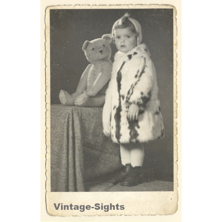 Little Girl In Fur Coat & Her Teddy Bear (Vintage RPPC ~1920s/1930s)