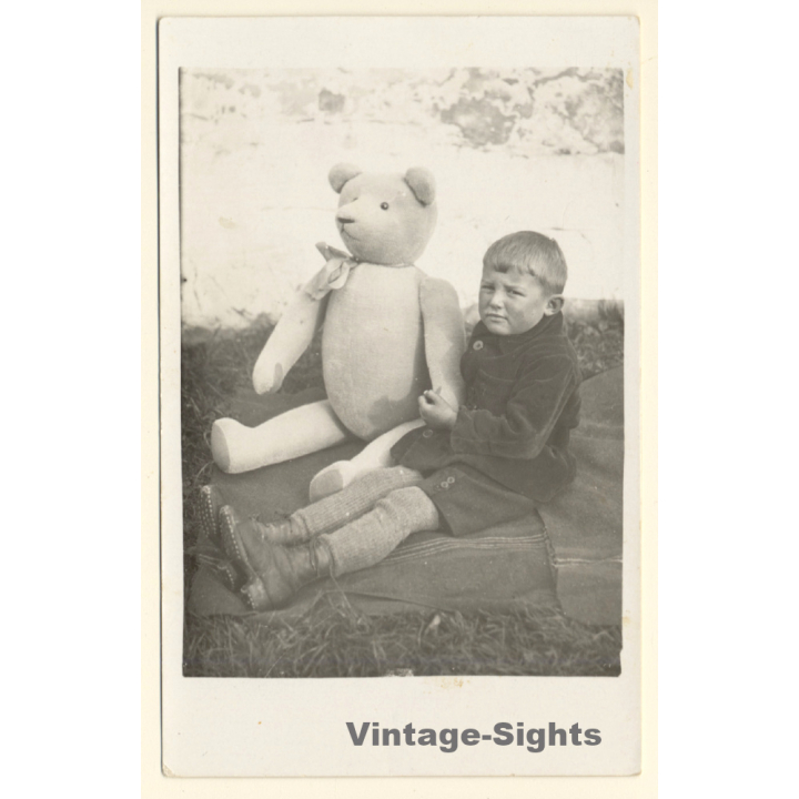 Little Boy & His Teddy Bear On Picnic Blanket (Vintage RPPC ~1920s/1930s)