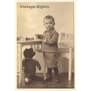 Well Dressed Little Boy & His Teddy Bear (Vintage RPPC ~1920s/1930s)