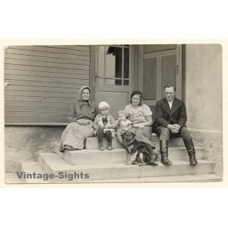 3 Generations Sitting In Front Of House / Teddy Bear - Shepherd Dog  (Vintage RPPC ~1930s/1940s)