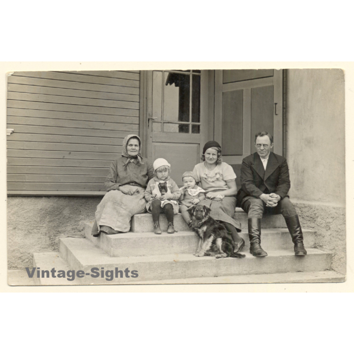 3 Generations Sitting In Front Of House / Teddy Bear - Shepherd Dog  (Vintage RPPC ~1930s/1940s)