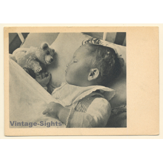 Baby Toddler Sleeping Beside His Teddy Bear (Vintage PC ~1940s/1950s)