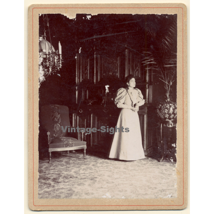 Elegant Victorian Lady In Opulent Living Room (Vintage Cabinet Card ~1900s/1910s)