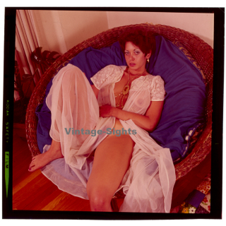 Erotic Study: Sensual Semi Nude Woman In Wicker Chair / White Dress (Vintage Diapositive KORENJAK 1970s/1980s)