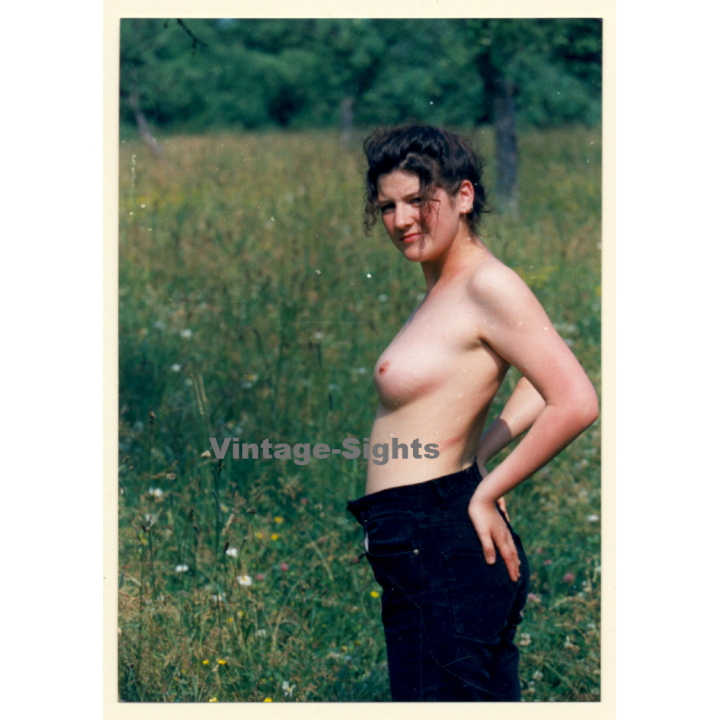 Erotic Study: Natural Topless Darkhaired Female On Meadow*4 (Vintage Photo ~1990s)