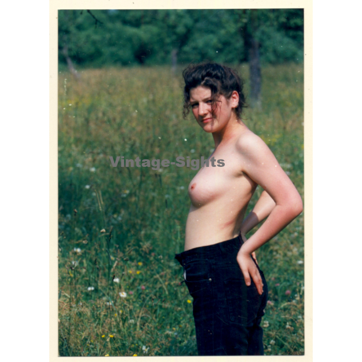 Erotic Study: Natural Topless Darkhaired Female On Meadow*6 (Vintage Photo ~1990s)