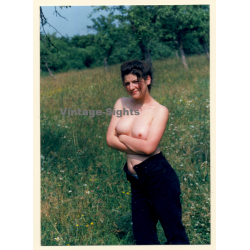Erotic Study: Natural Topless Darkhaired Female On Meadow*8 (Vintage Photo ~1990s)