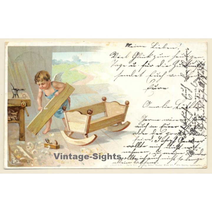 Beruf: Schreiner - Amor - Babykrippe (Vintage PC Litho 1900)