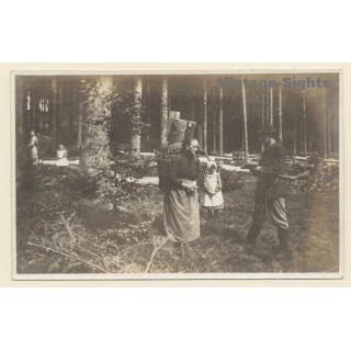 Black Forest?: Old Woman & Child Carry Lumber / Hunter (Vintage PC ~1910s/1920s)