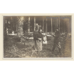 Black Forest?: Old Woman & Child Carry Lumber / Hunter (Vintage PC ~1910s/1920s)