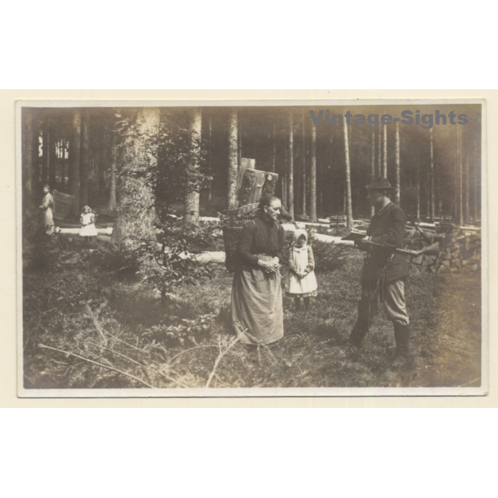 Black Forest?: Old Woman & Child Carry Lumber / Hunter (Vintage PC ~1910s/1920s)