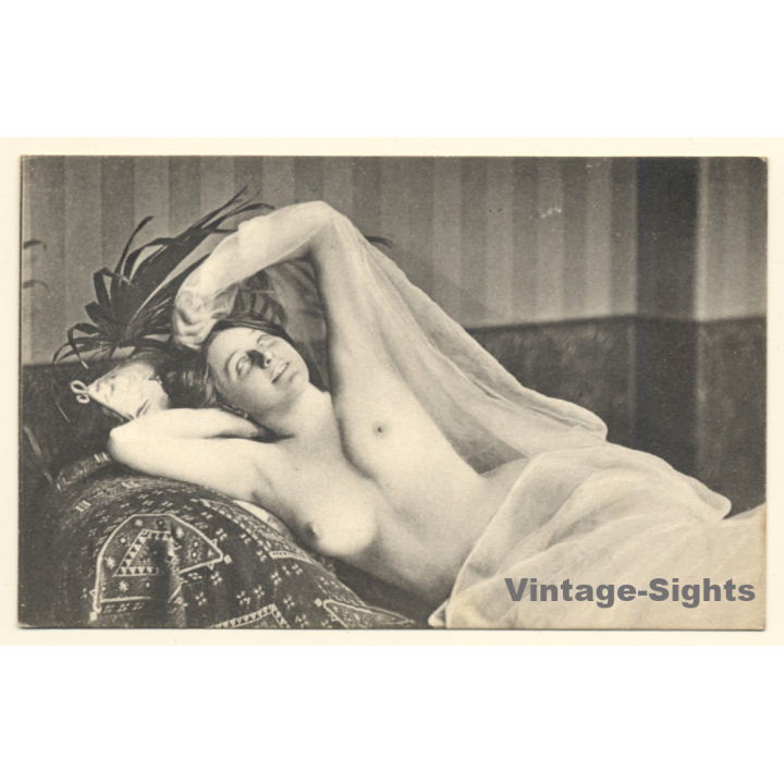 Erotic Study: Topless Woman Reclining On Chaisselongue*2 / Risqué (Vintage PC 1900s)