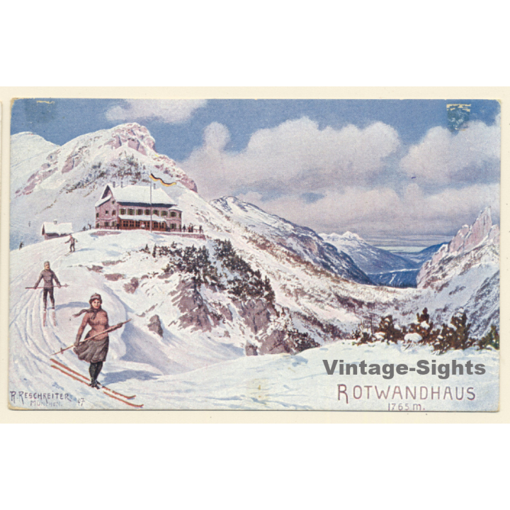 R.Reschreiter: Rotwandhaus - Berge - Skifahrer (Vintage PC 1913)