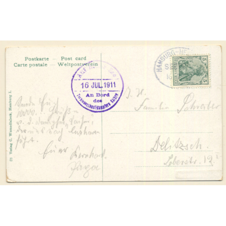 Hamburg Amerika Linie: Turbinendanpfer Kaiser / Paquebot Postmark (Vintage PC 1911)