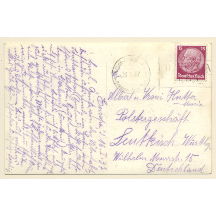 Norddeutscher Lloyd: Schnelldampfer Europa / Paquebot Postmark (Vintage RPPC 1937)