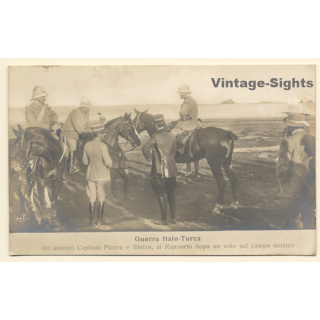 Italo-Turkish War (1911-1912): Aviator Captains Piazza & Moizo Report Flight / Cavalry (Vintage RPPC)
