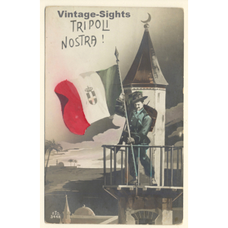 Italian Propaganda: Tripoli Nostra! / Flag & Coat Of Arms (Vintage RPPC ~1910s)
