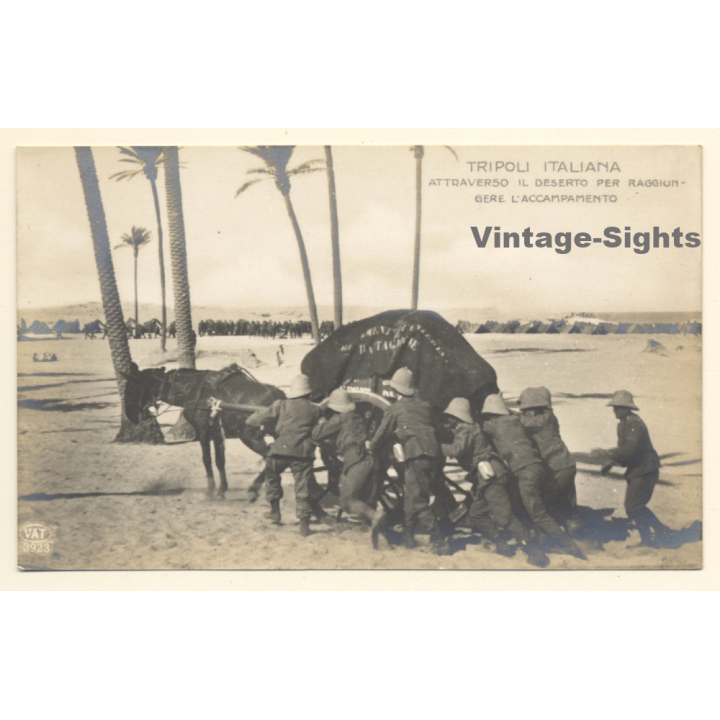 Colony Tripoli Italiana: Soldiers - Horse Carriage - Desert (Vintage RPPC ~1910s)