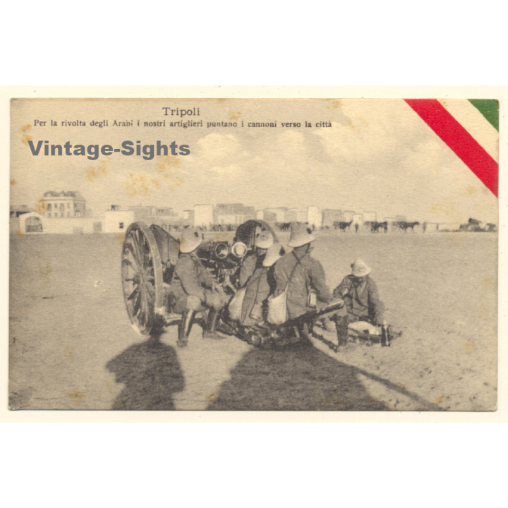 Italo-Turkish War (1911-1912): Soldiers Point Cannon At City (Vintage PC ~1910s)