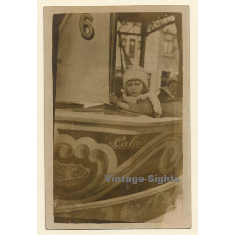 France: Little Girl On Carousel At Calais Funfair (Vintage Photo ~1930s/1940s)