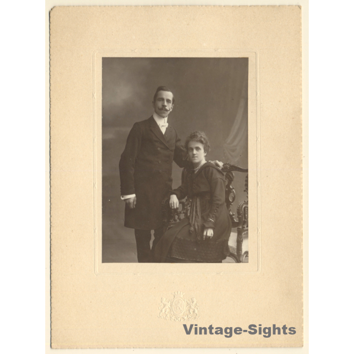 Portrait Of Couple Dressed In Black / Moustache (Vintage Photo ~1920s/1930s)