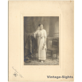 Emmanuel Despret: Portrait Of Fine Woman In Glamorous White Dress (Vintage Photo ~1900s/1910s)