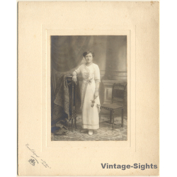Emmanuel Despret: Portrait Of Fine Woman In Glamorous White Dress (Vintage Photo ~1900s/1910s)