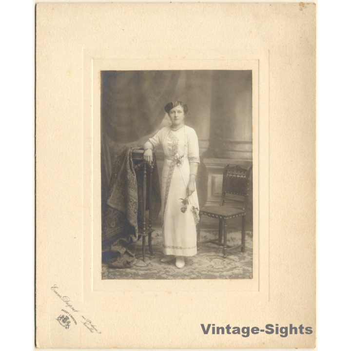 Emmanuel Despret: Portrait Of Fine Woman In Glamorous White Dress (Vintage Photo ~1900s/1910s)