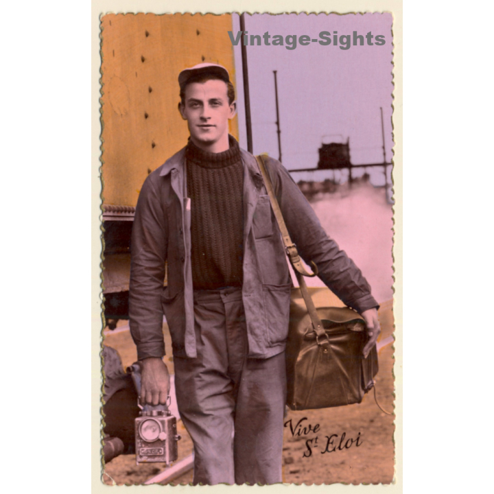 Saint Eloi / France: Miner With Miner's Lamp (Vintage RPPC ~1950s)