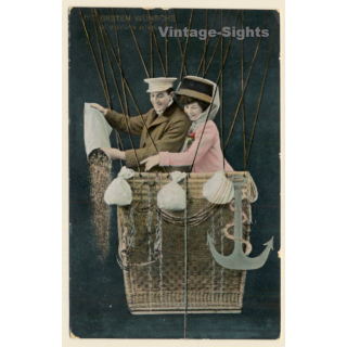 Elegant Balloonist Couple In Basket / Anker (Vintage RPPC ~1920s)