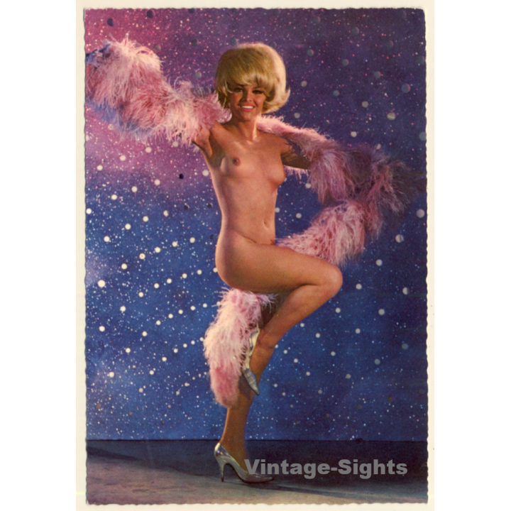 Blonde Striptease Dancer With Feather Boa*4 / Pin-Up (Vintage PC ~1950s/1960s)