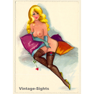 Erotic Drawing Of Blonde Pin-Up Girl / Nylons - Gloves (Vintage Artist PC ~1950s/1960s)