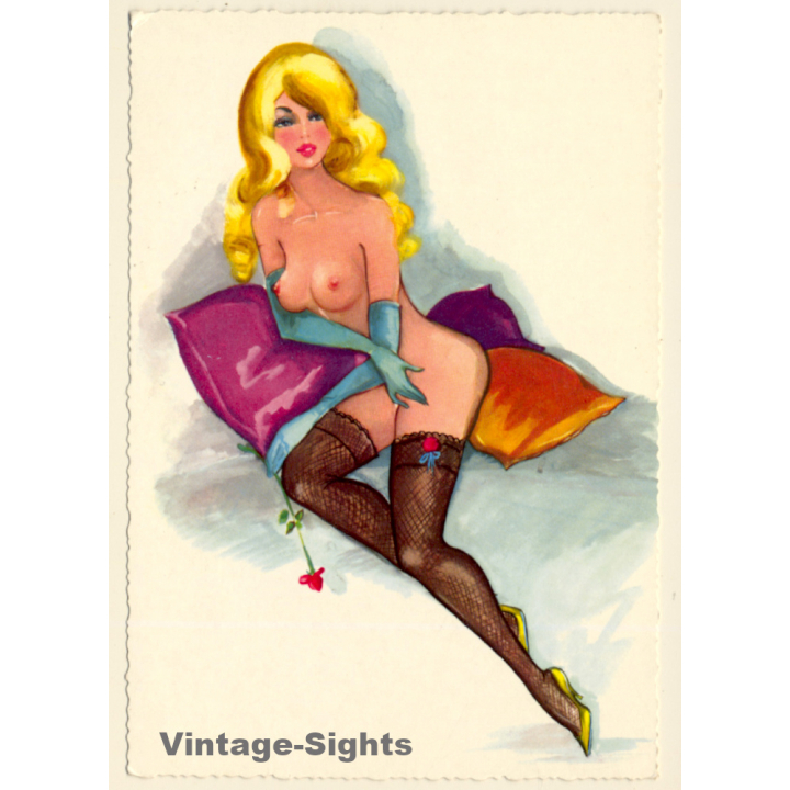 Erotic Drawing Of Blonde Pin-Up Girl / Nylons - Gloves (Vintage Artist PC ~1950s/1960s)