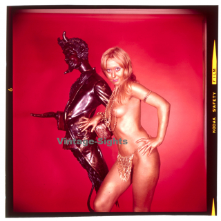 Erotic Study: Semi Nude Golden Painted Female Besides Devils Statue*2 (Vintage Diapositive KORENJAK 1970s/1980s)