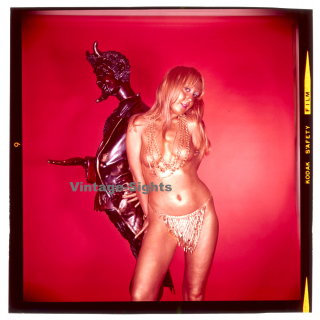 Erotic Study: Semi Nude Golden Painted Female Besides Devils Statue*4 (Vintage Diapositive KORENJAK 1970s/1980s)