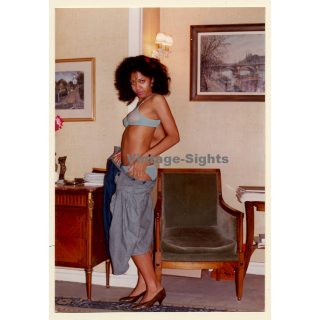 Erotic Study: Slim Black Semi Nude Undressing / Transparent Bra (Vintage Photo France ~1980s)