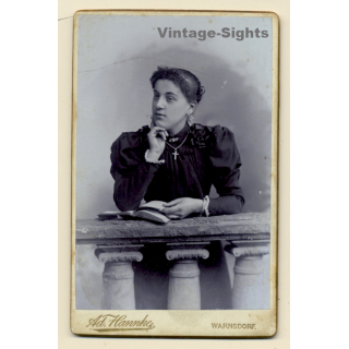 Ad.Hannke / Warnsdorf: Young Woman In Black Victorian Dress / Book - Cross (Vintage CDV ~1890s/1900s)